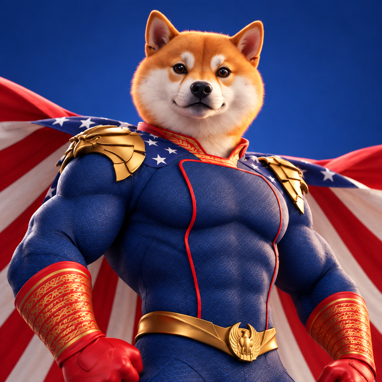 A heroic Shiba Inu in a red, blue, and gold superhero suit